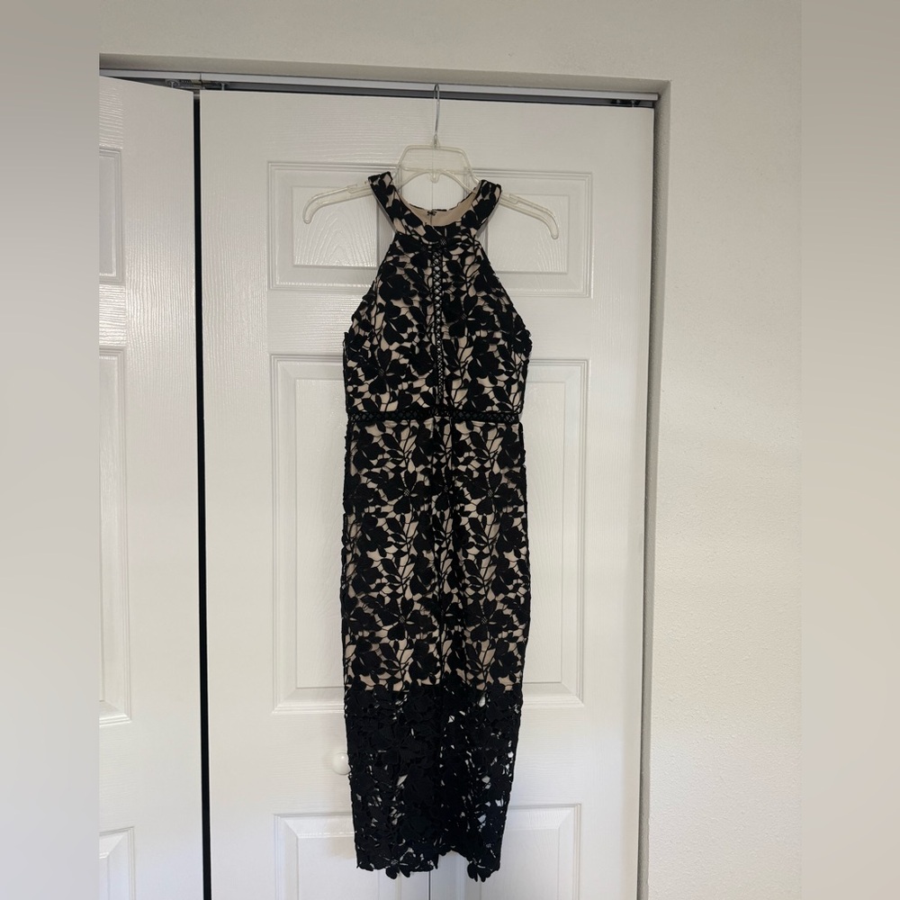 Black and Cream Lace Halter Dress